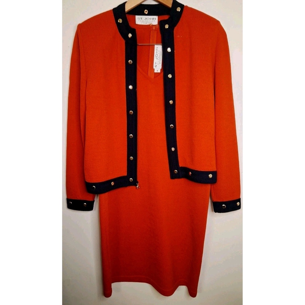 St. John Collection 2Pc Santana Knit Jacket & Dress Suit‎ Size 4 Red Navy Blue
